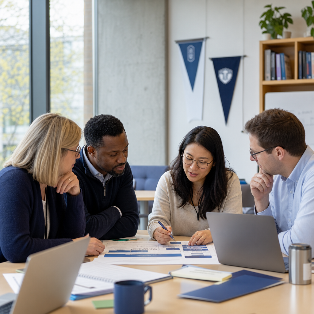 Higher-education leadership and instructional design team reviewing inclusive digital course strategy on laptops and printed planning materials in a modern campus meeting room
