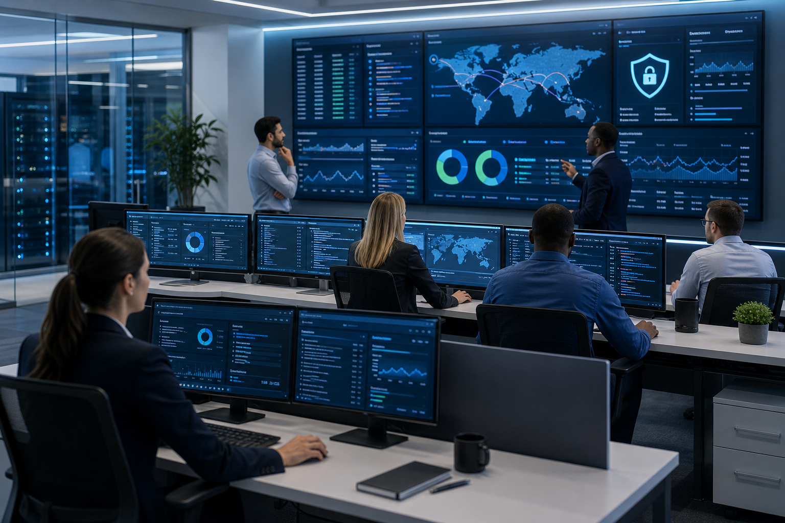 IT specialists reviewing secure cloud dashboards and network status on large screens in a modern operations center