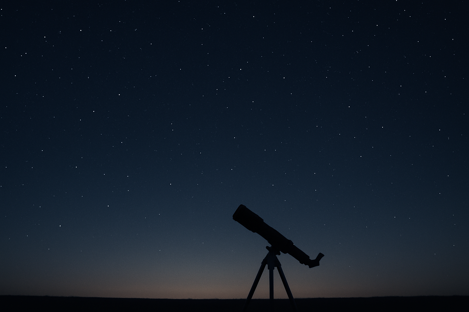 Quiet night sky with restrained stars and a subtle telescope silhouette near the horizon