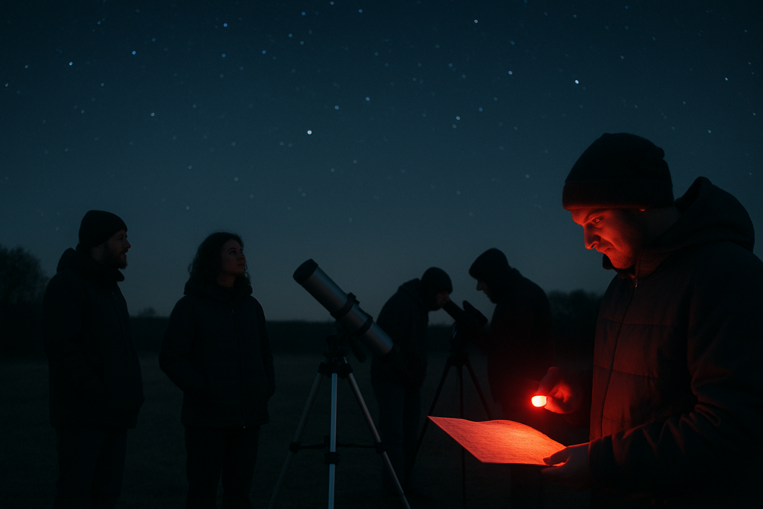 Small group of stargazers observing the night sky with telescopes and red-light flashlights at a calm community meetup