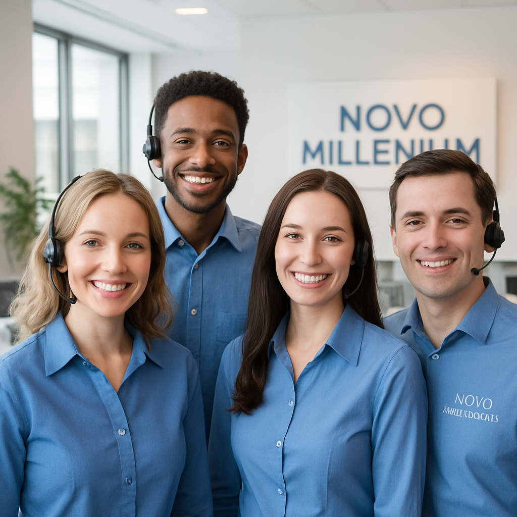 Equipe de atendimento da Novo Millenium sorridente, ambiente de escritório moderno, clima acolhedor e profissional, cores suaves e uniformes azuis, fotografia realista