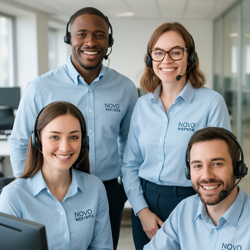Equipe de atendimento da Novo Millenium sorridente, ambiente de escritório moderno, clima acolhedor e profissional, cores suaves e uniformes azuis, fotografia realista