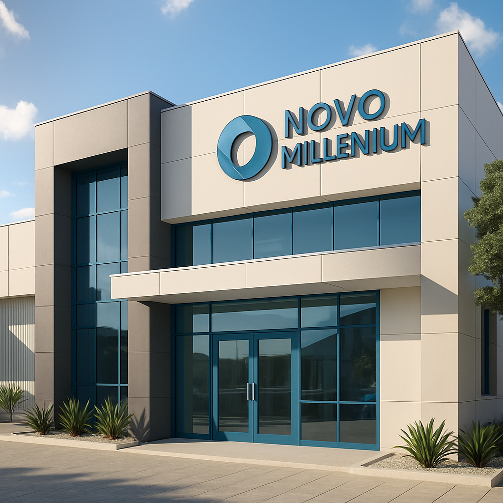 Fachada moderna da empresa Novo Millenium em Criciúma, ambiente solarizado, visual limpo e profissional, cores neutras com detalhes em azul e cinza, fotografia realista