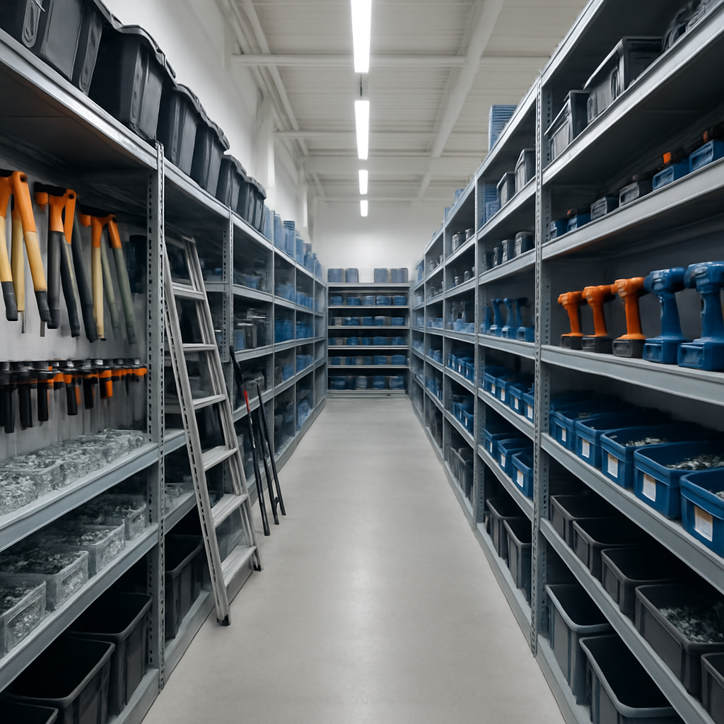 Estoque organizado de ferramentas e ferragens, prateleiras cheias, iluminação branca, atmosfera eficiente, tons de cinza e azul, fotografia realista