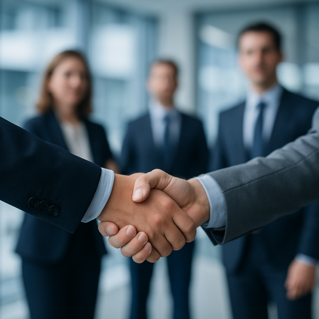 Aperto de mãos entre empresários em ambiente corporativo, clima de parceria, fundo desfocado, luz natural, cores azul e cinza, fotografia realista