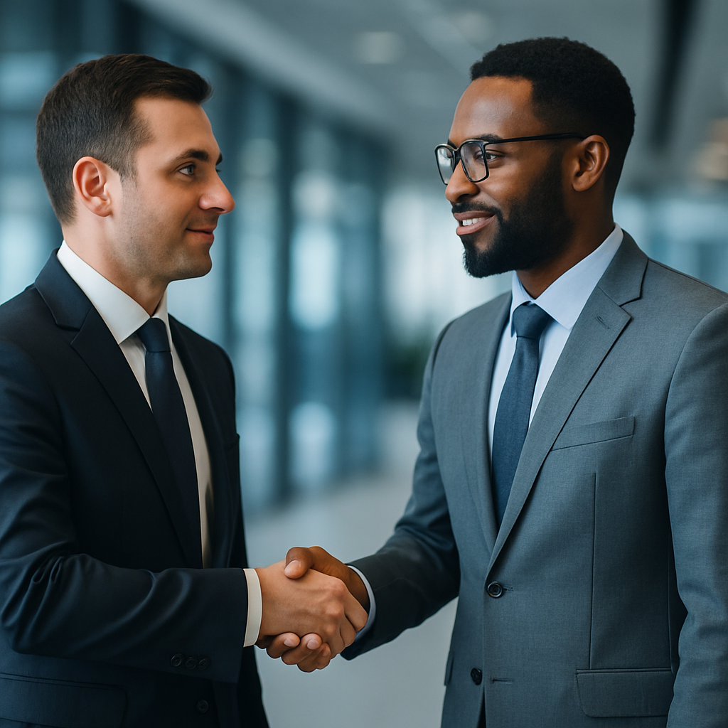 Aperto de mãos entre empresários em ambiente corporativo, clima de parceria, fundo desfocado, luz natural, cores azul e cinza, fotografia realista
