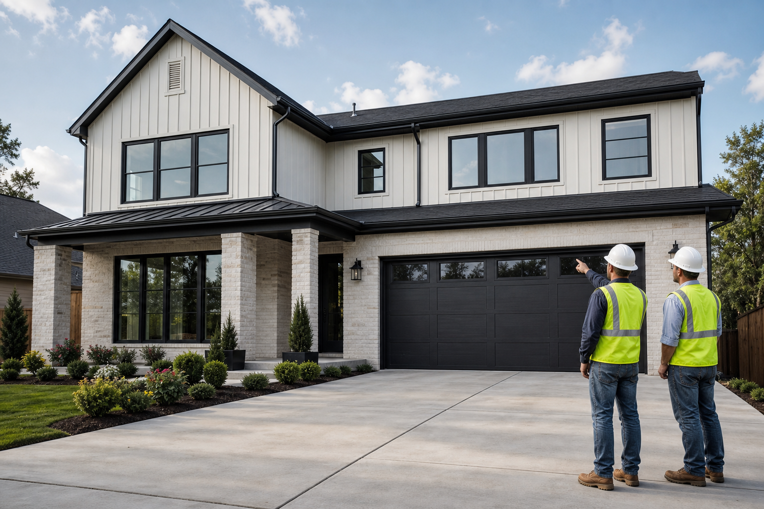 Recently completed two-story modern suburban home with workers finalizing exterior details, clean driveway, and landscaped front yard