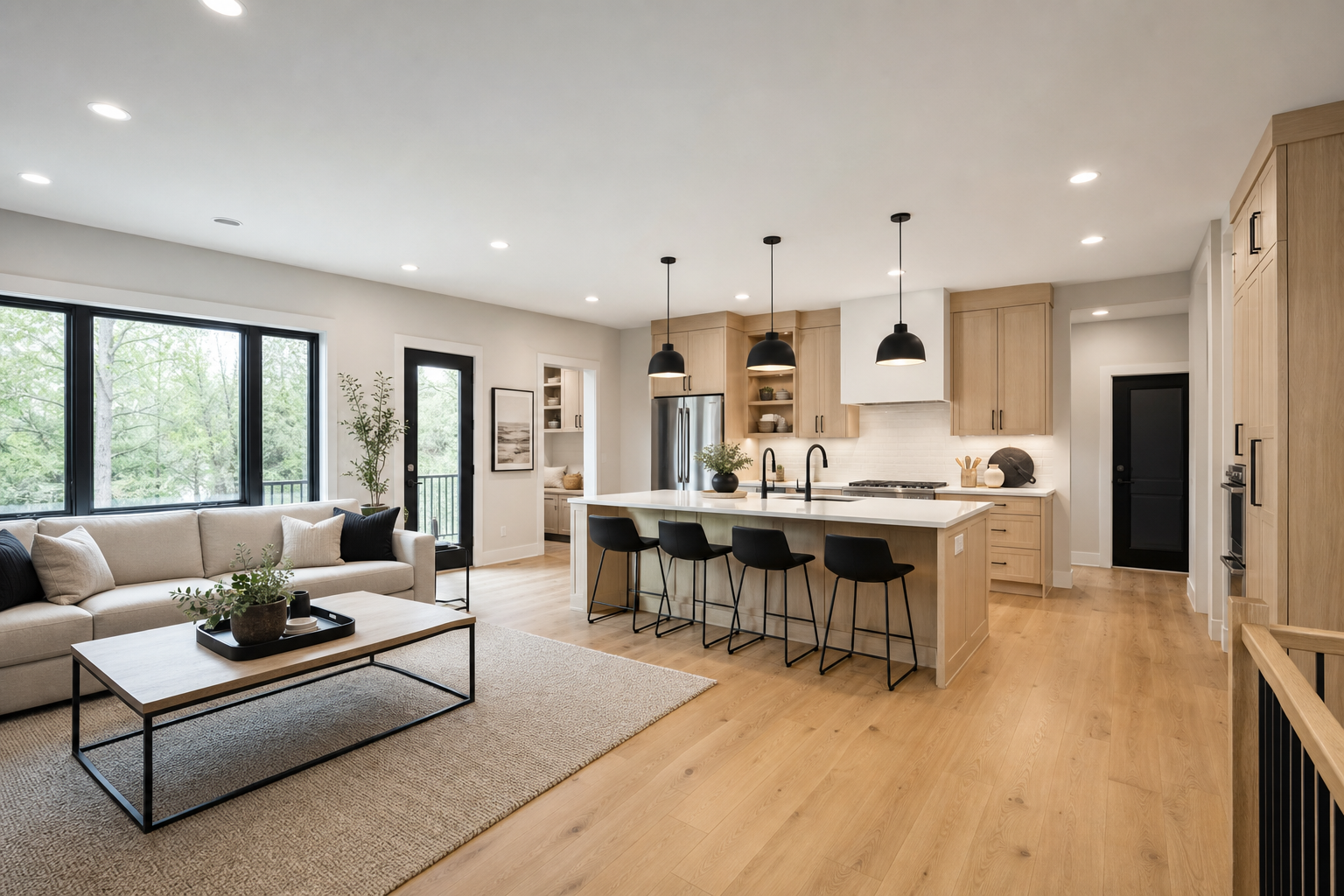 After photo of the same home interior opened into one bright space with custom millwork, wider sightlines, and modern finishes