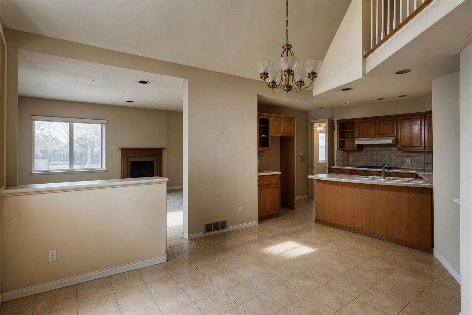 Before photo of a dated two-story home interior with closed rooms, worn wood cabinetry, and low natural light