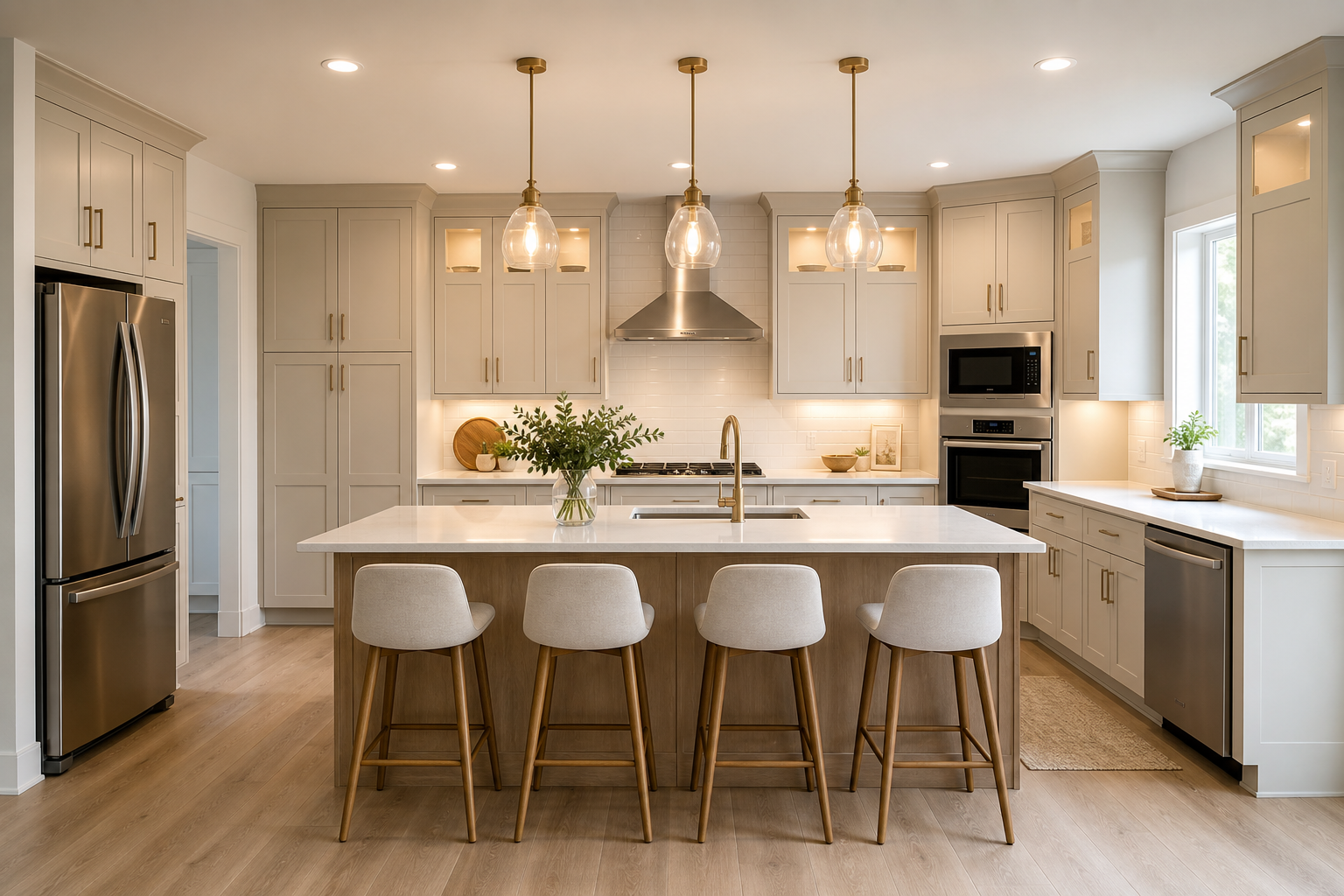 After photo of the remodeled kitchen with a large island, light cabinetry, and integrated modern appliances