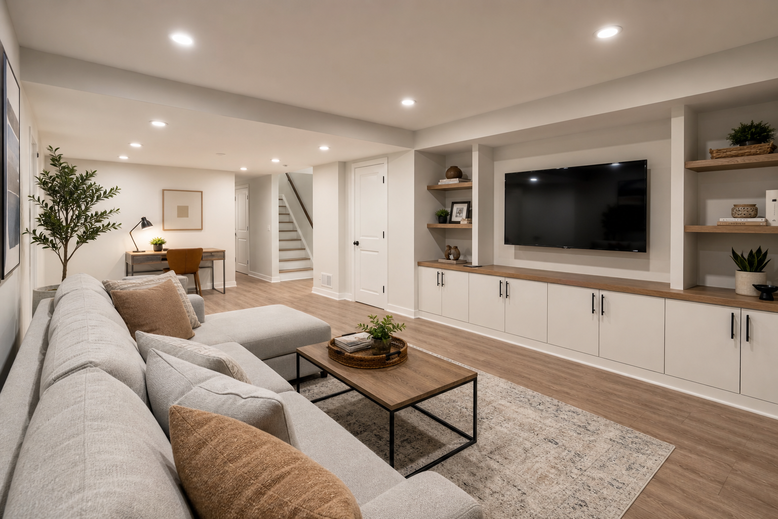 After photo of the finished basement with a guest suite, recessed lighting, and built-in media wall