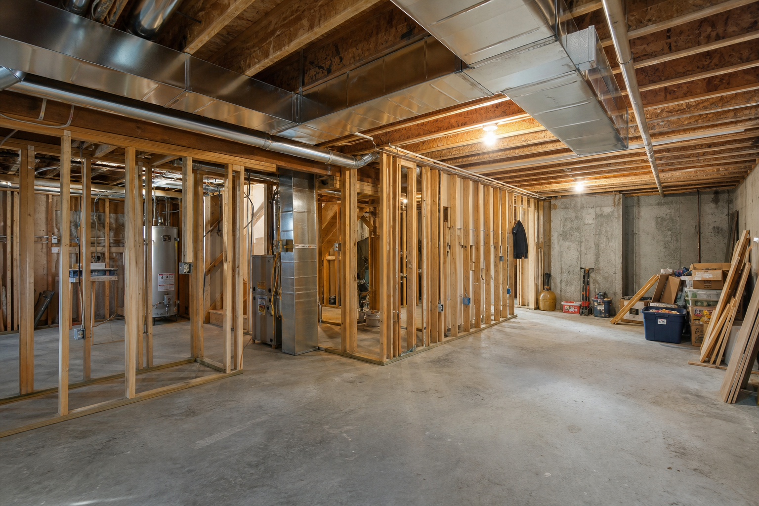 Before photo of an unfinished basement with exposed framing, concrete floors, and minimal lighting