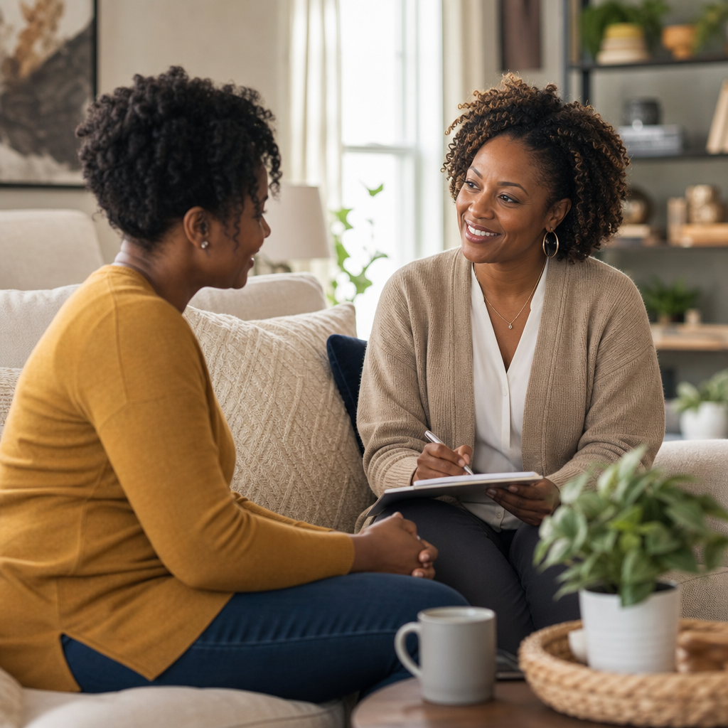 Caregiver speaking with a compassionate respite professional in a bright, cozy living room