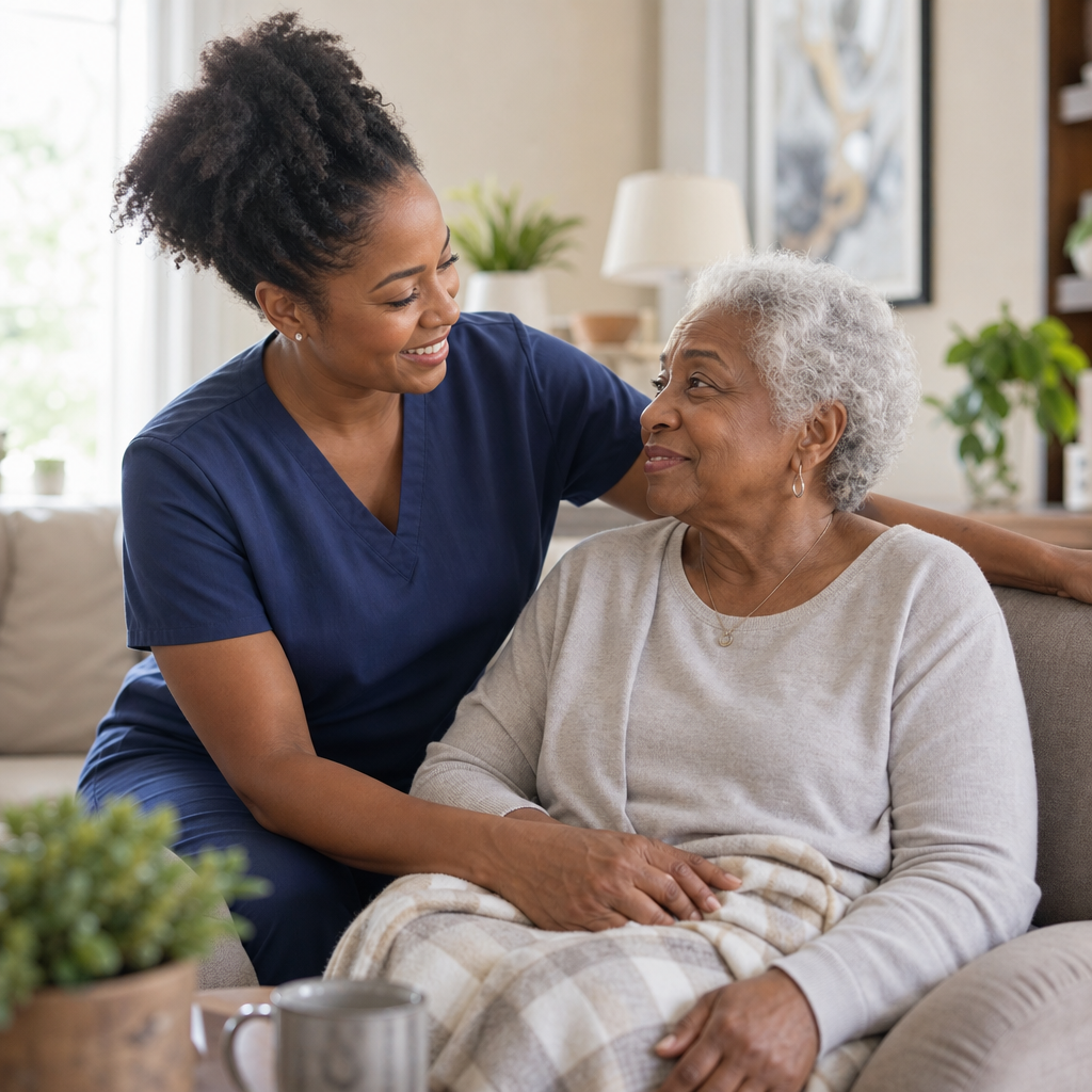 Warm caregiver helping an elderly woman in a bright, comfortable living room