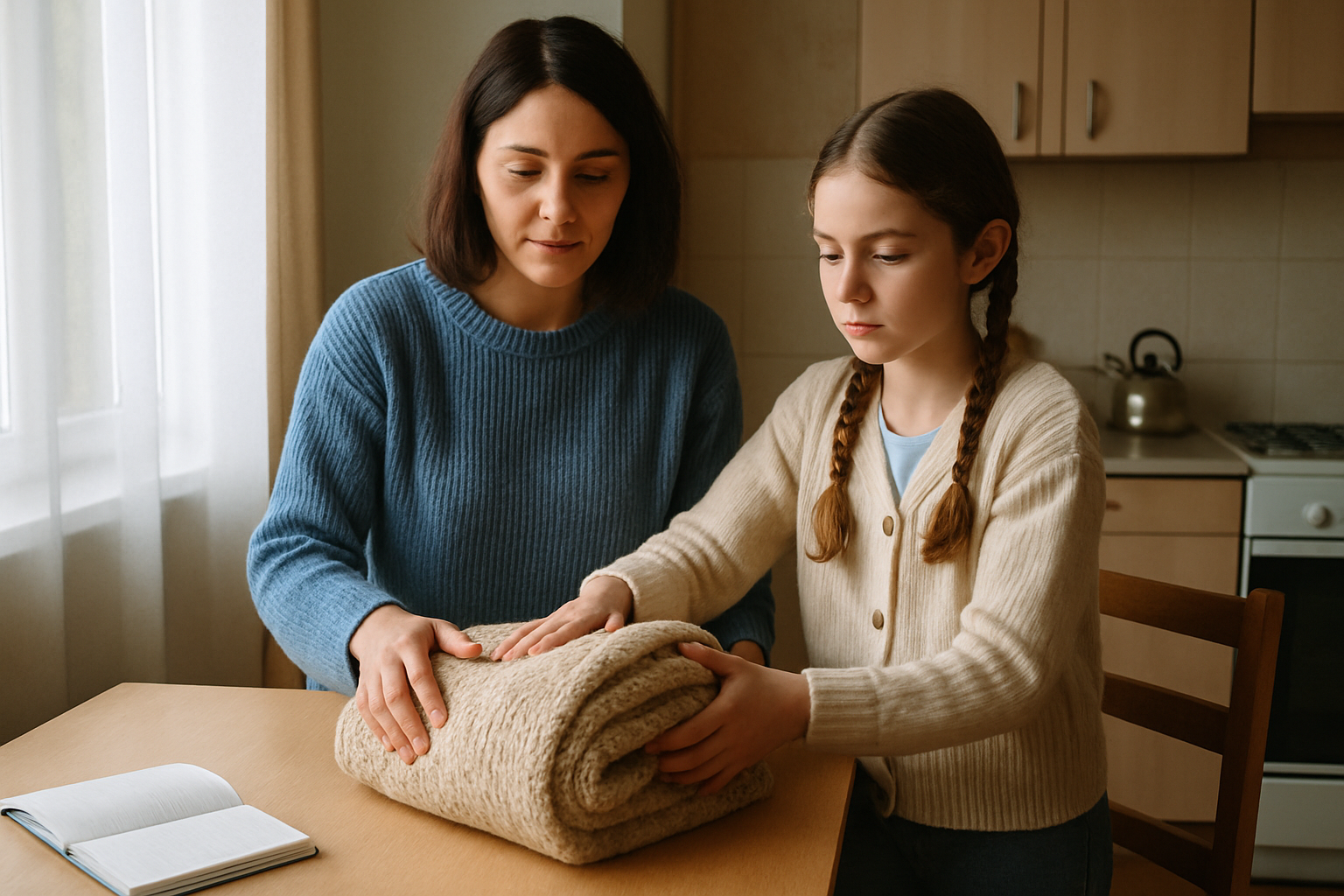 A mother and her daughter folding a thick blanket in a modest, sunlit home