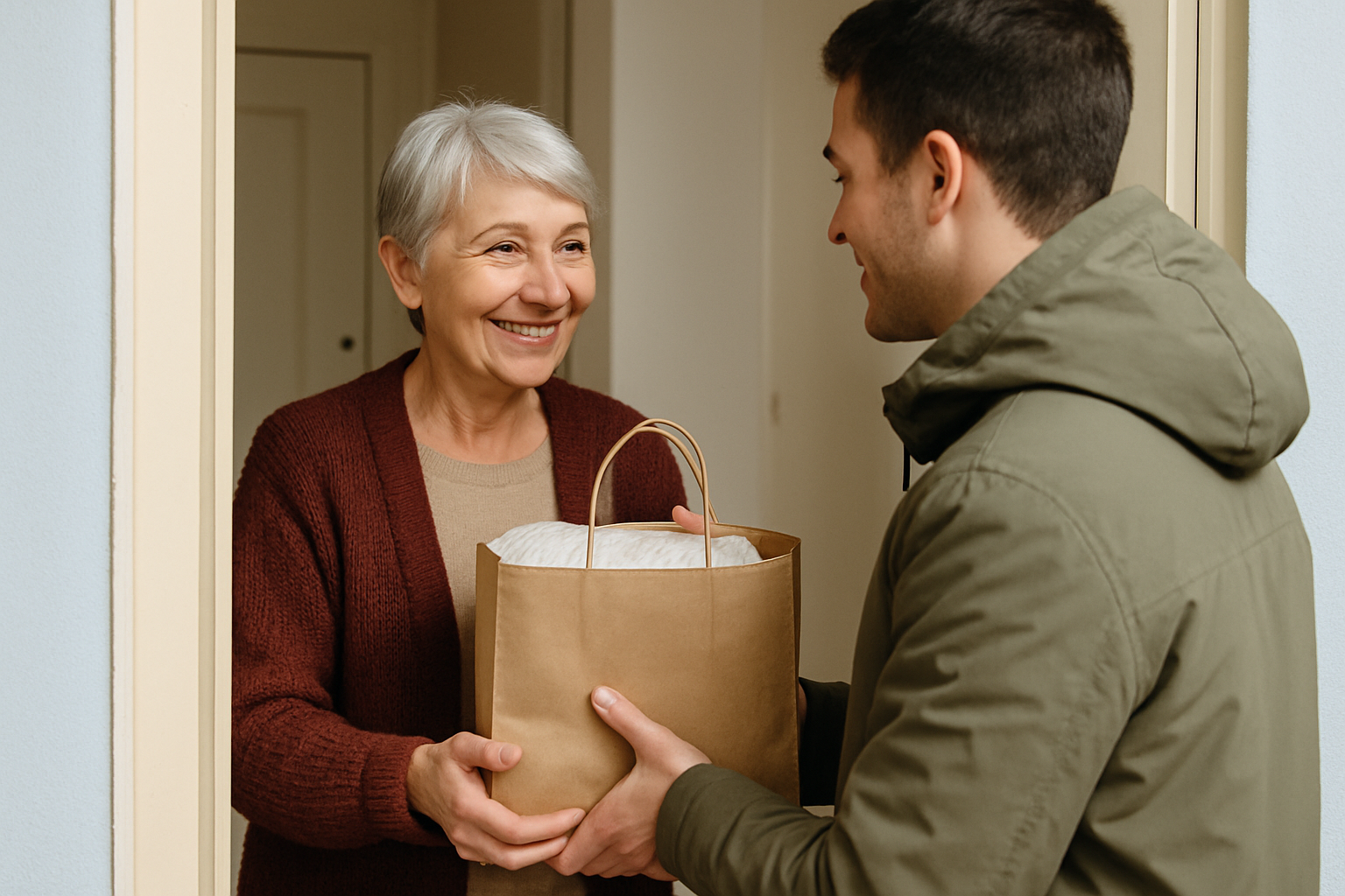 An older woman in a burgundy cardigan receiving a winter supplies bag from a volunteer at her doorway