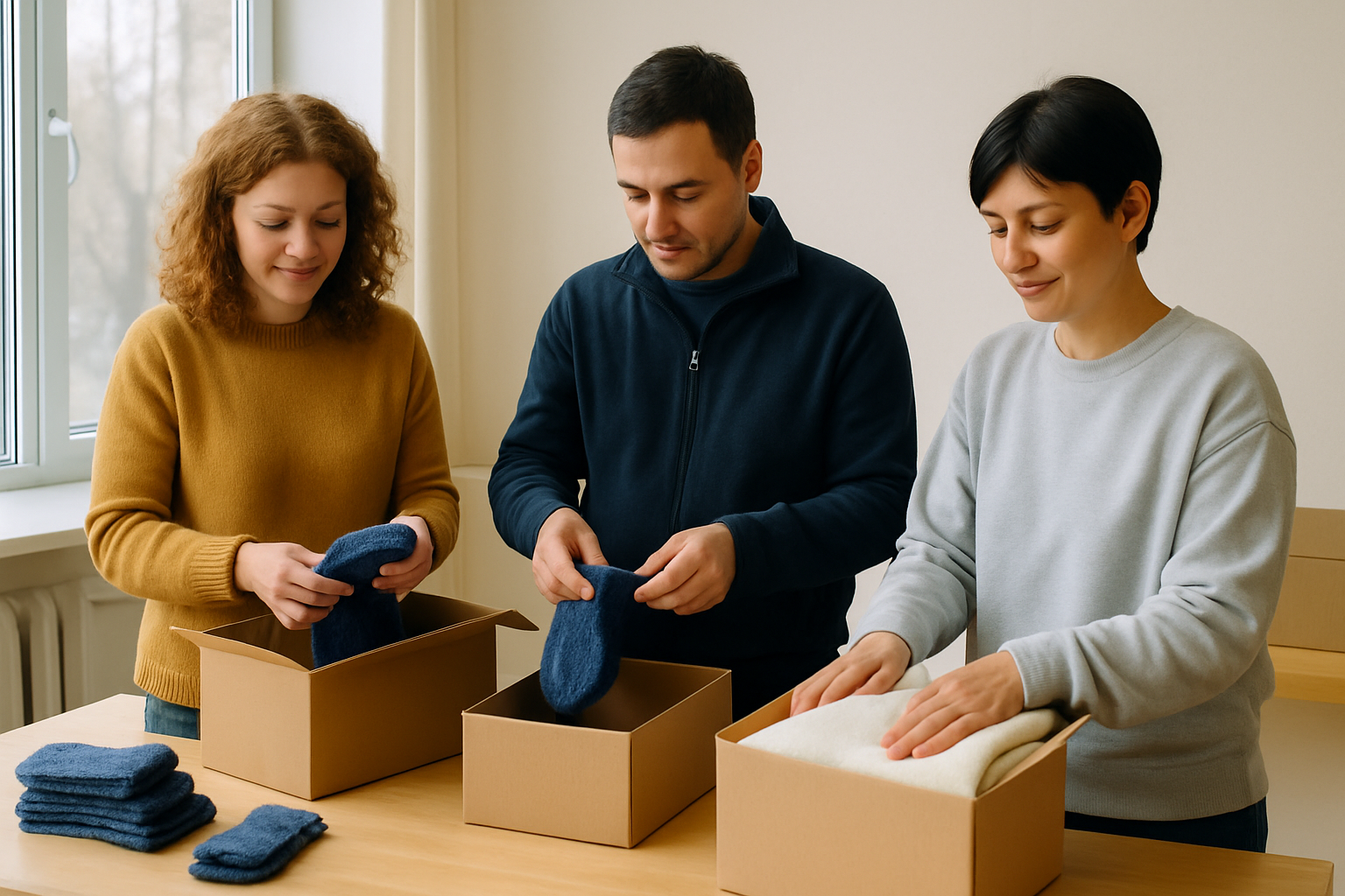 Three community volunteers packing folded winter clothing into cardboard boxes around a shared table