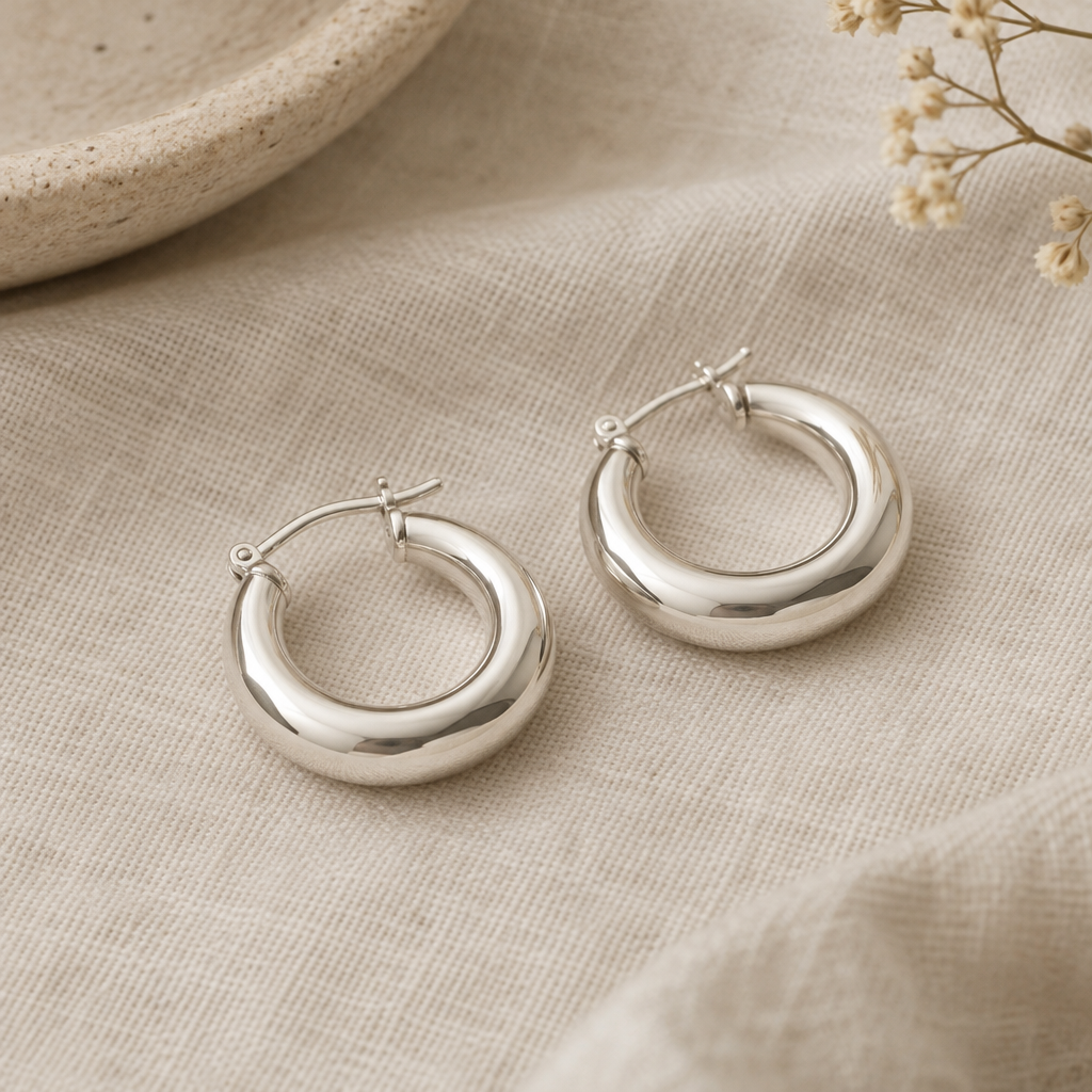 Close detail of polished silver hoop earrings arranged on a neutral surface