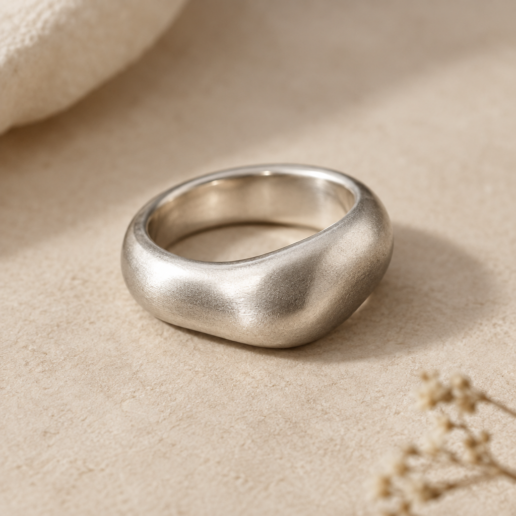 Close detail of an organic silver ring with a softly brushed finish