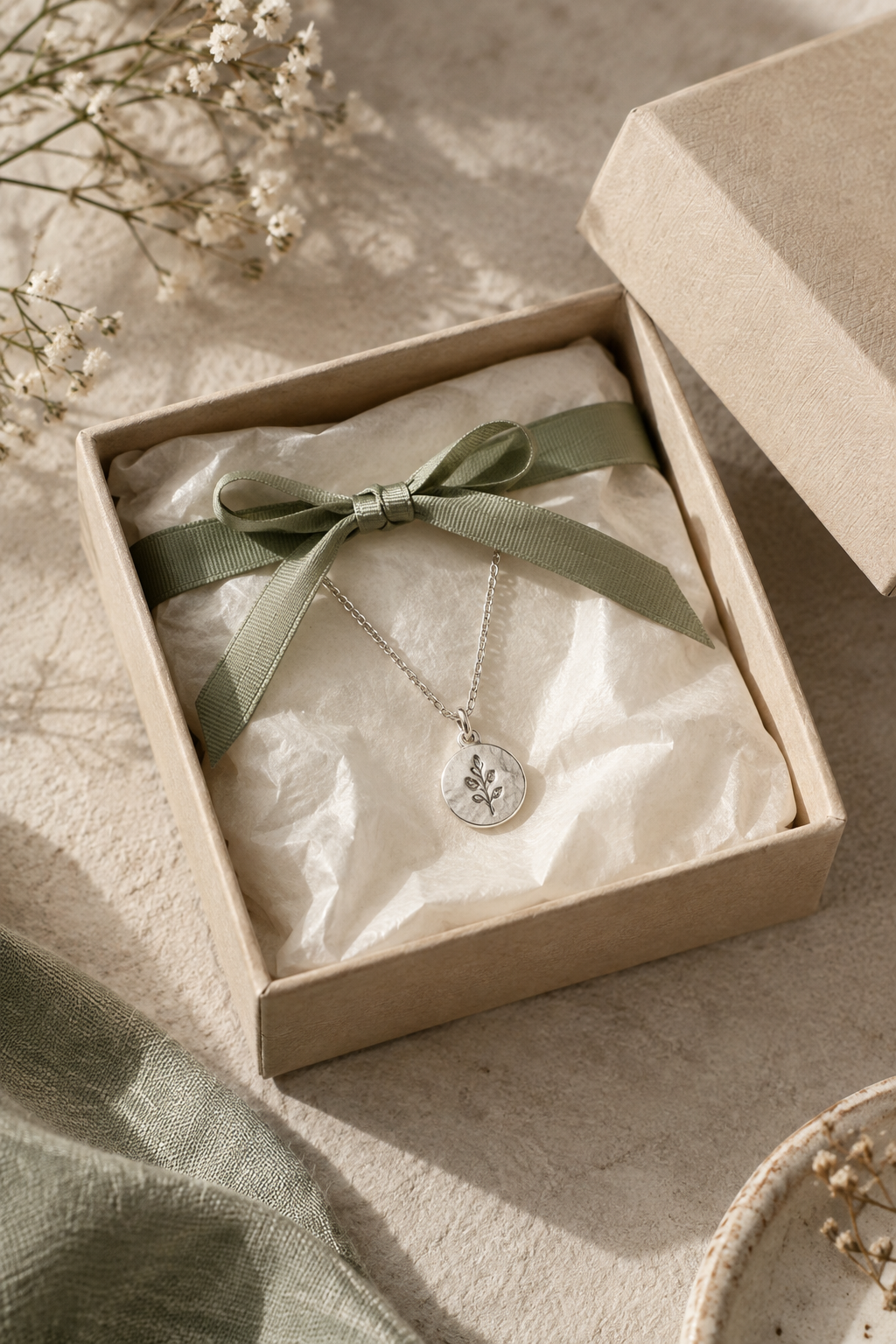 Open sand-colored jewelry box with a silver pendant nestled in cream tissue and tied with a soft sage ribbon