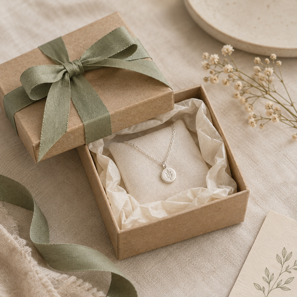 Open small kraft gift box lined with soft tissue and tied with a muted sage ribbon, ready for jewelry