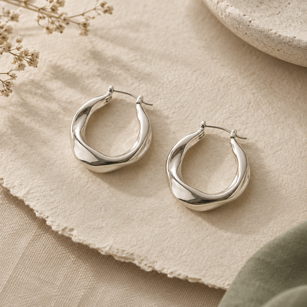 Pair of sculptural polished silver hoop earrings resting on warm cream handmade paper