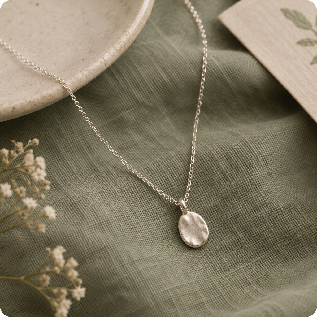 Fine silver necklace with a small organic pendant draped across softly textured sage linen