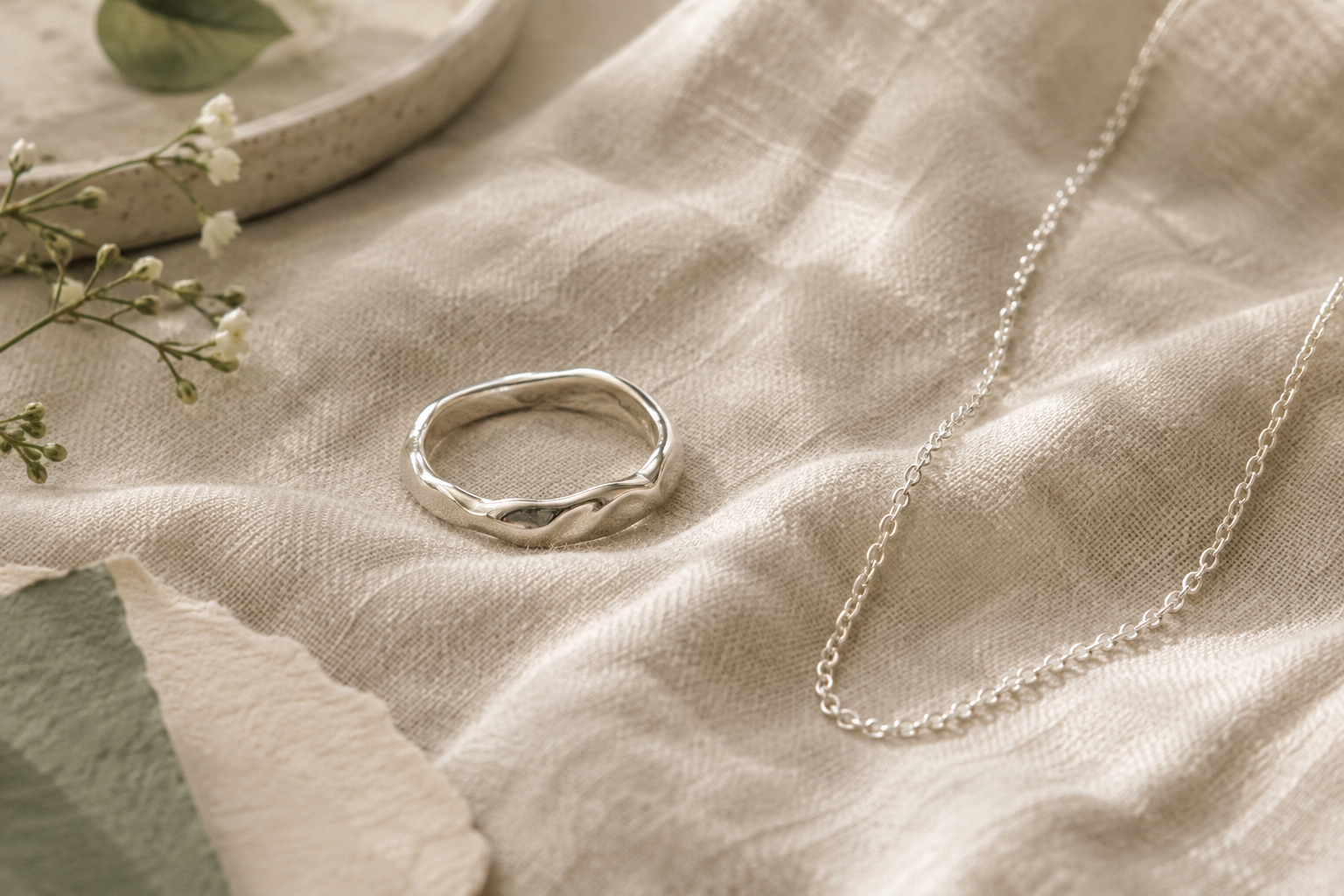 Hand-finished silver ring and delicate chain arranged on softly rumpled natural linen in warm studio light