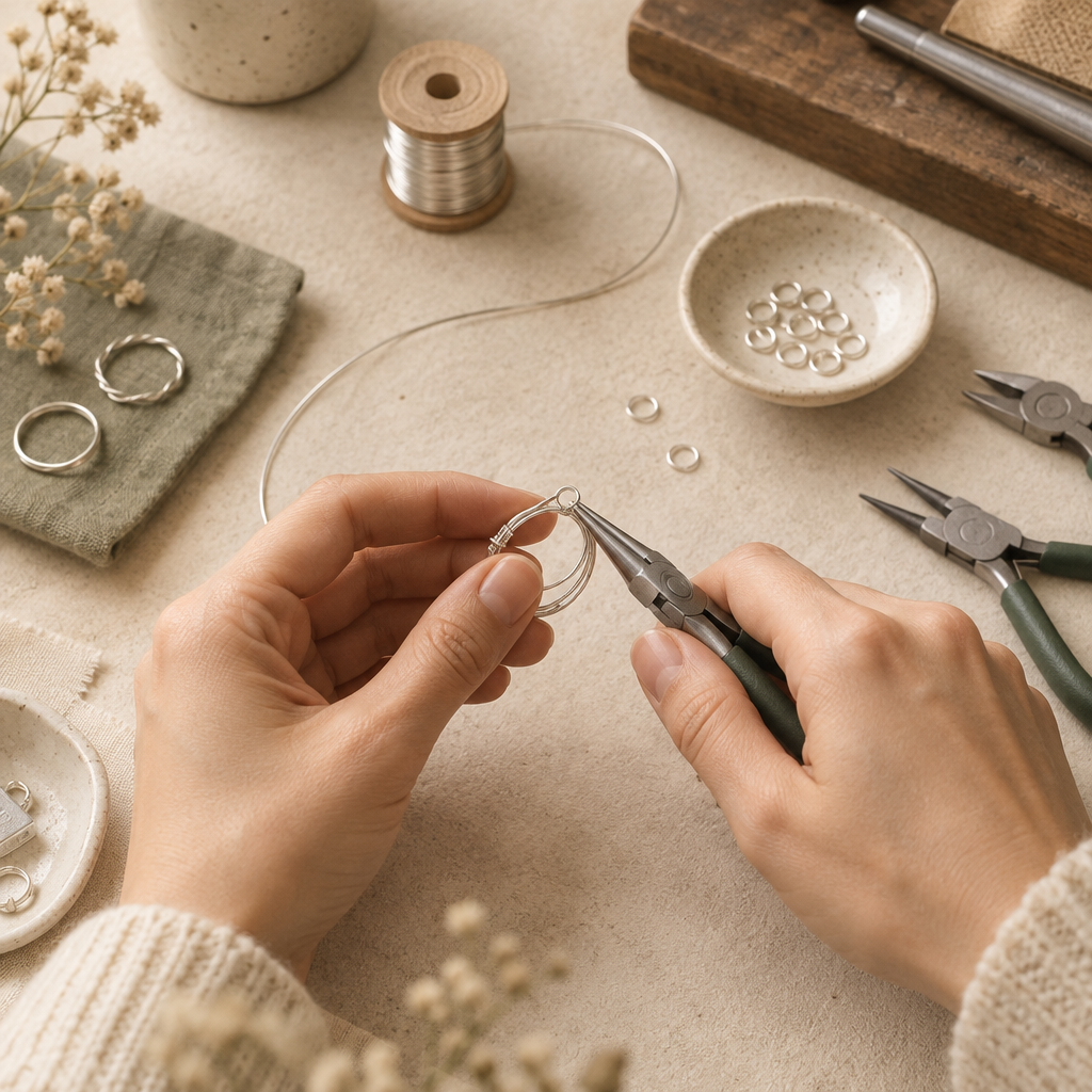 Close detail of silver wire, artisan hands, and softly lit cream workbench textures