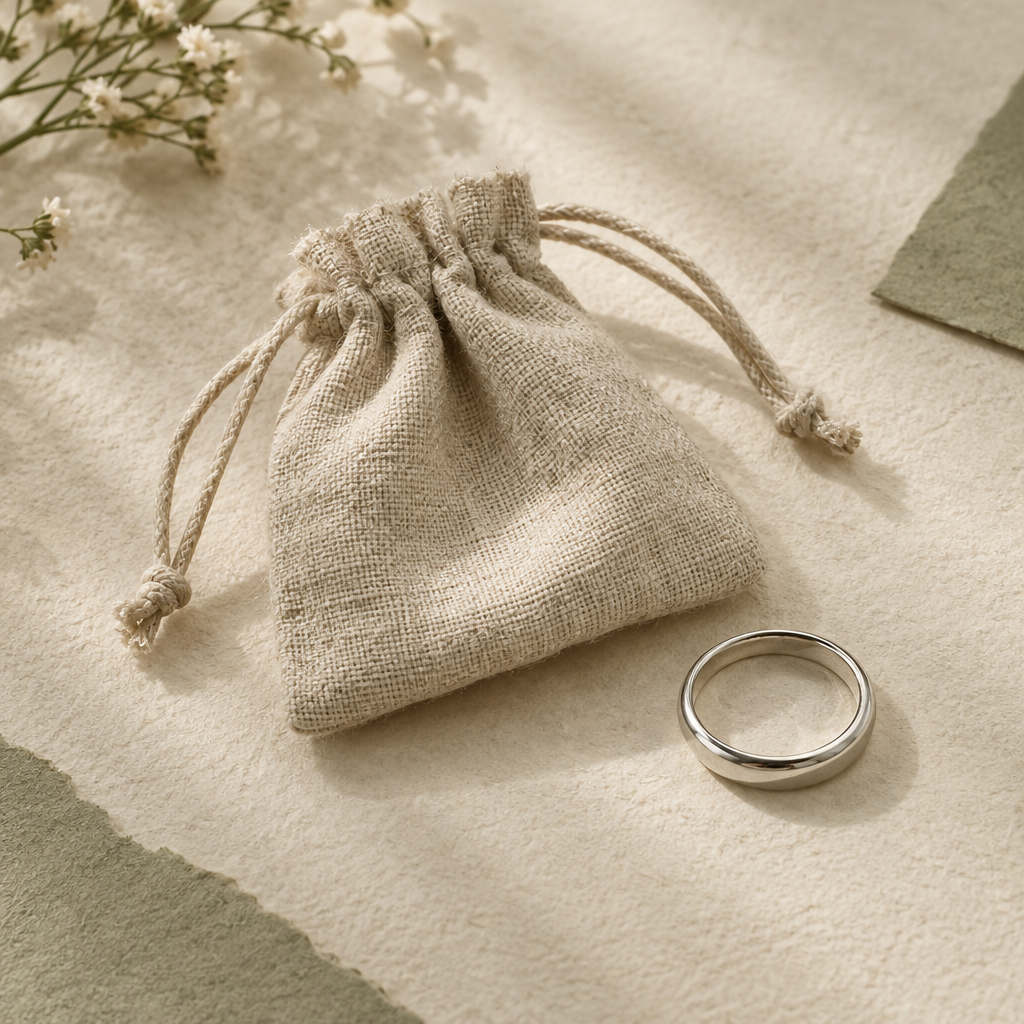 Small natural linen drawstring jewelry pouch resting beside a simple silver ring on textured paper