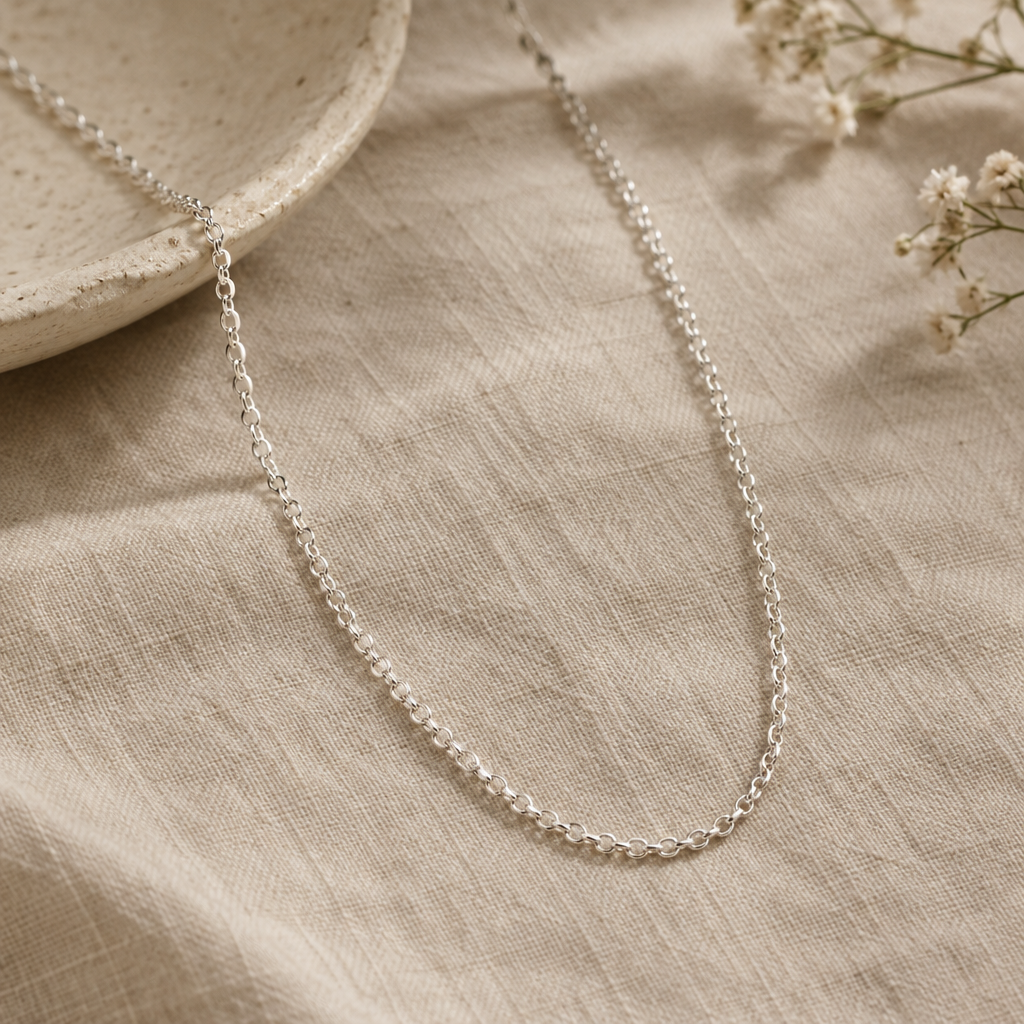 Fine bright sterling silver chain necklace arranged in a soft curve