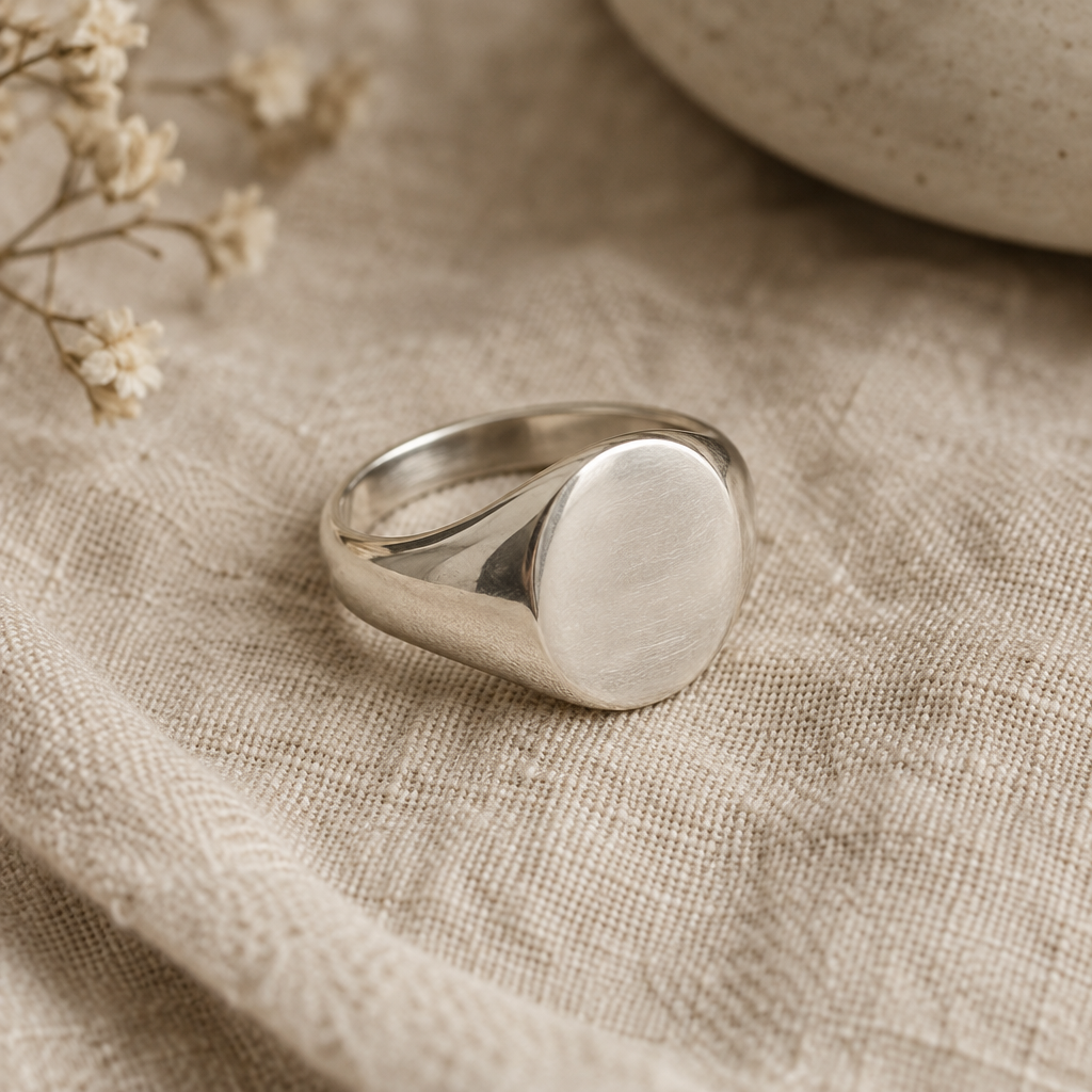 Hand-finished sterling silver signet ring on warm natural linen