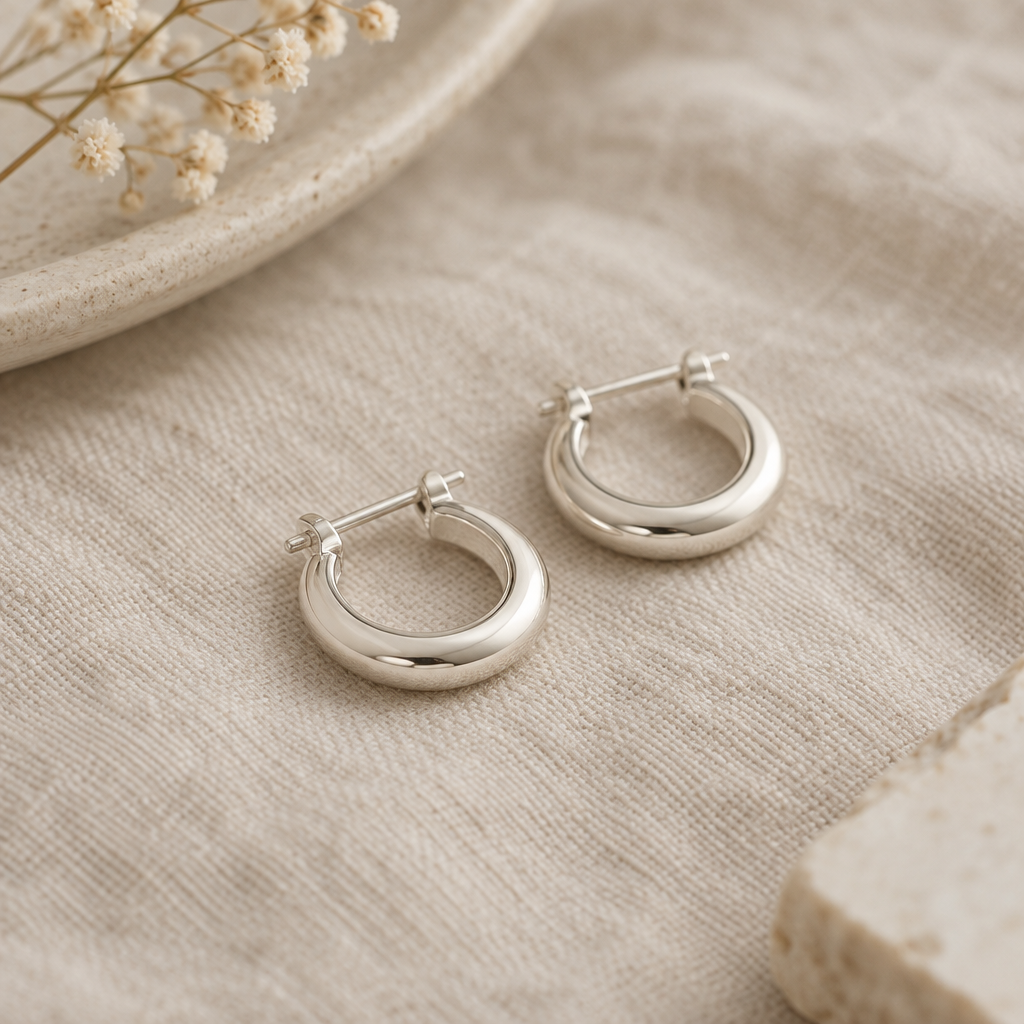 Pair of small rounded sterling silver hoop earrings with a softly polished finish
