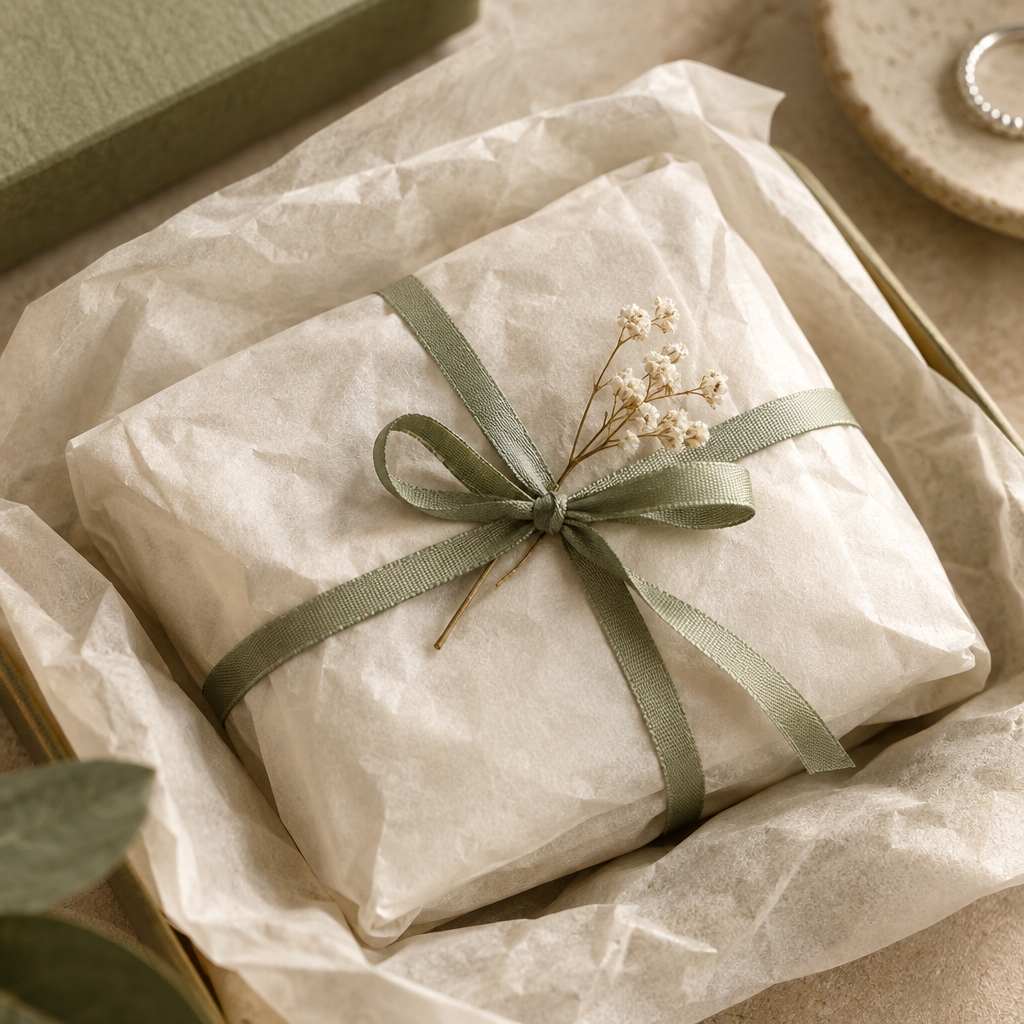 Close-up of ivory tissue paper folded around a small handmade jewelry parcel with a narrow sage ribbon