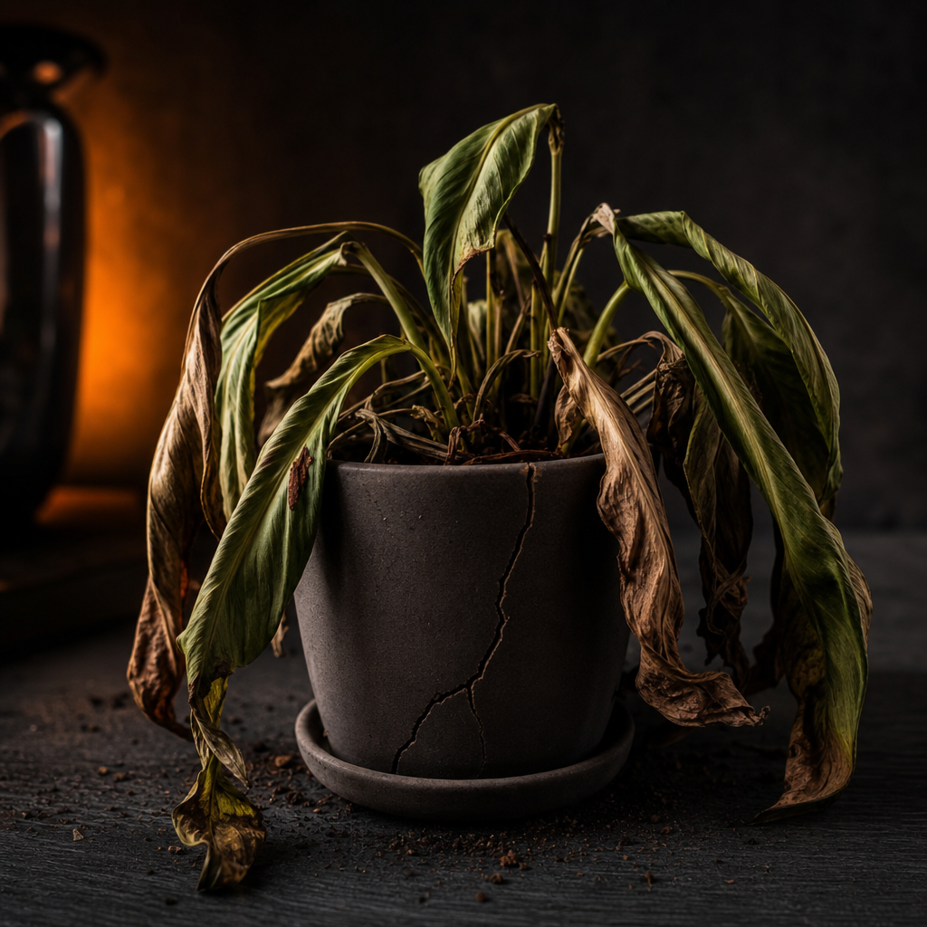 Wilting houseplant in a cracked ceramic pot with drooping leaves