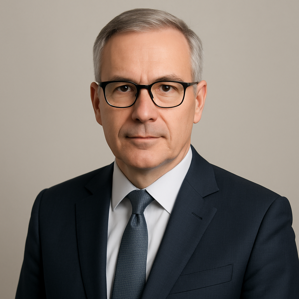 Professional headshot of a white man with dark hair and glasses wearing a charcoal suit, Daniel Whitaker