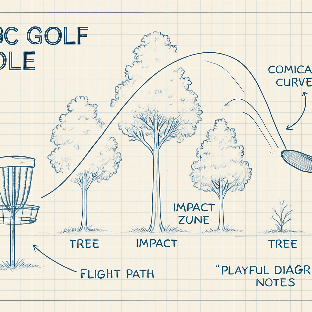 Playful architectural blueprint diagram of a disc golf hole with funny mishaps (like trees labeled 'impact zone') and a disc on a complex, silly flight path