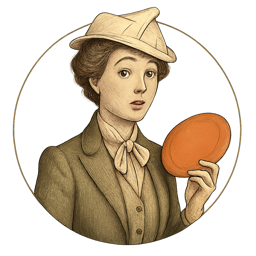 Testimonial customer portrait: elegantly dressed, holding a disc and looking slightly surprised, illustrated in premium, comedic style