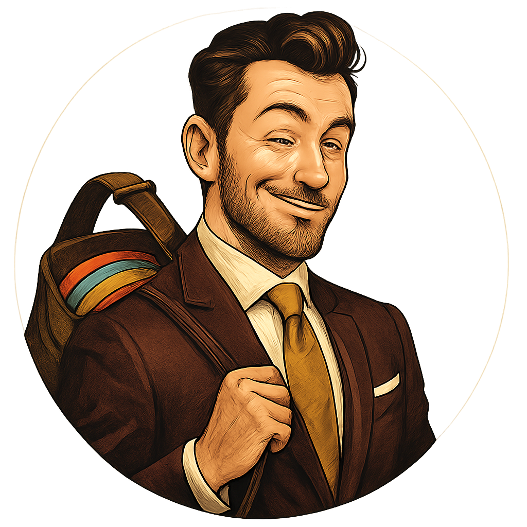 Testimonial customer portrait: well-groomed, playful smirk, disc bag slung over shoulder, illustrated with luxury and humor