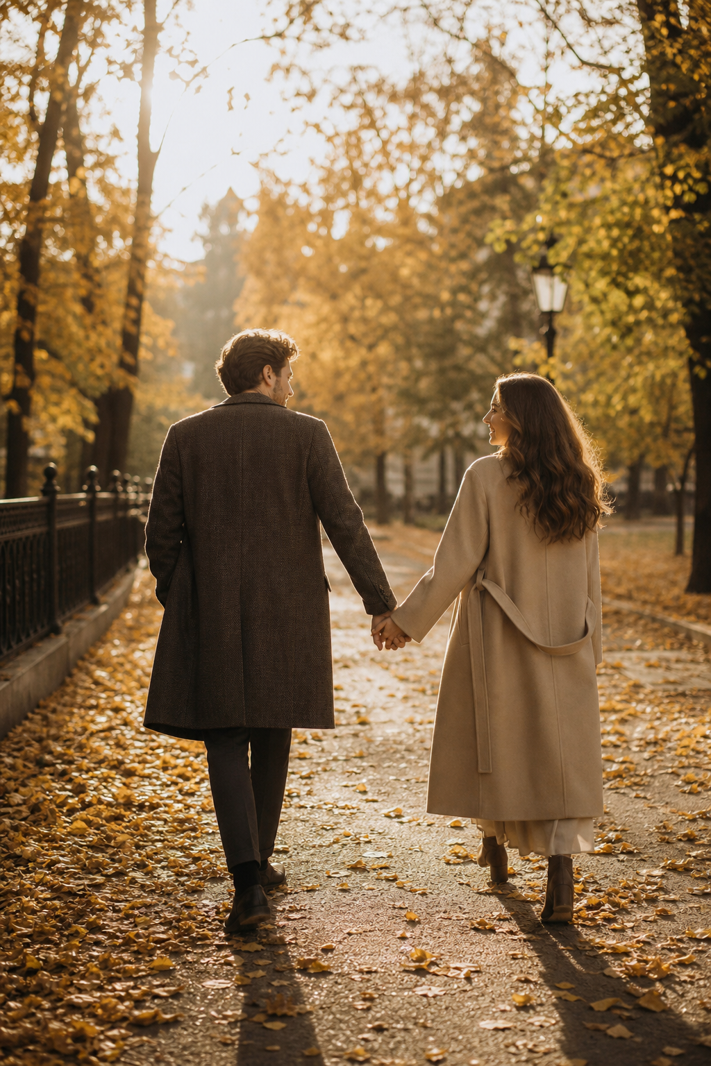 Couple walking hand in hand through an autumn park path