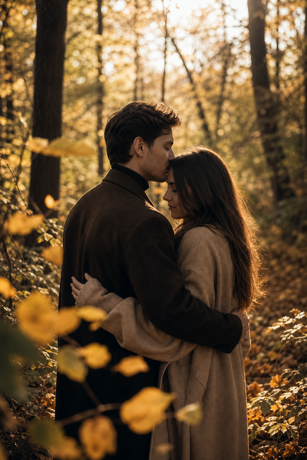 Couple embracing quietly in a golden autumn forest during an engagement session