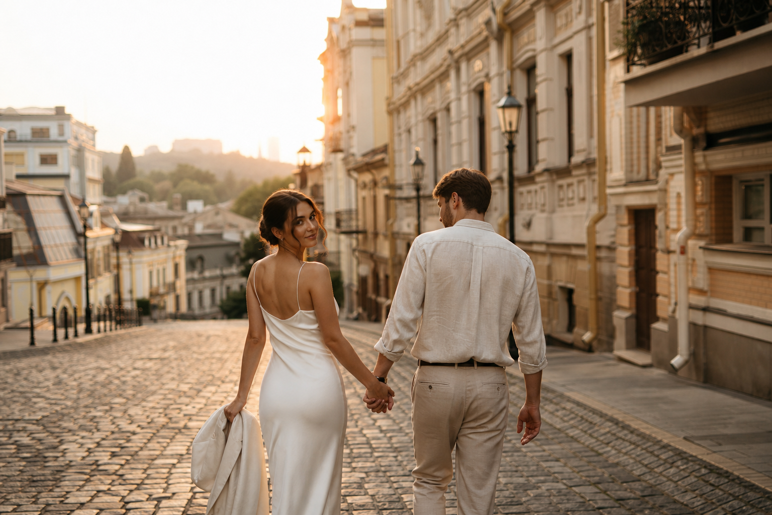 Couple walking hand in hand on an old cobblestone street in Kyiv at sunset