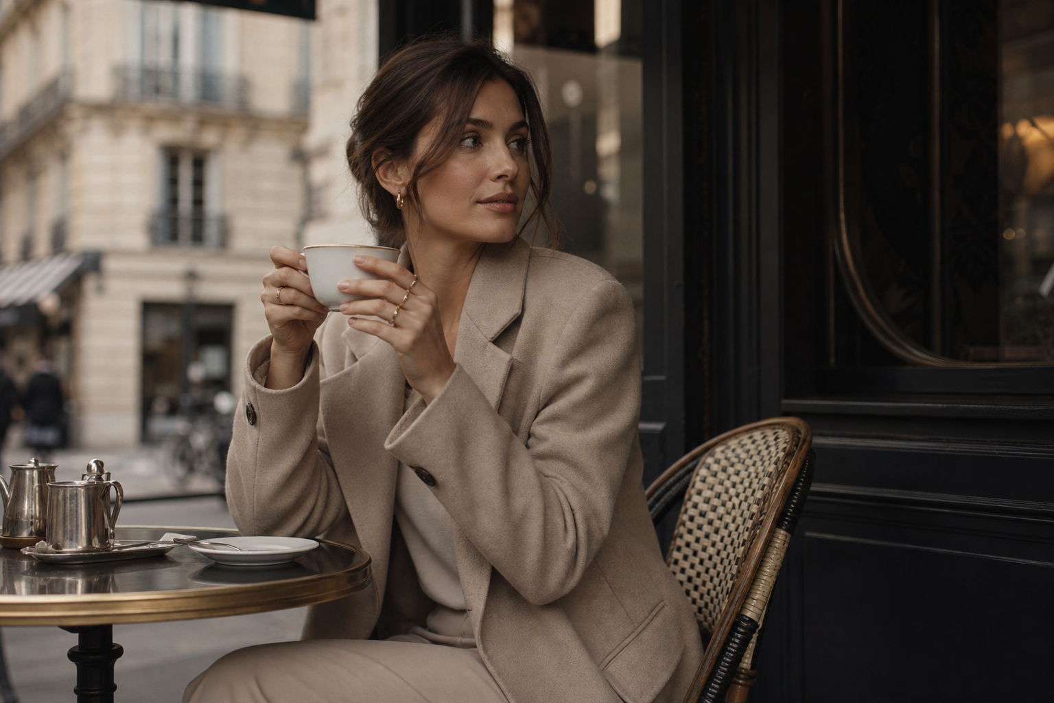 Stylish woman in a tailored beige coat at a Parisian-style cafe table