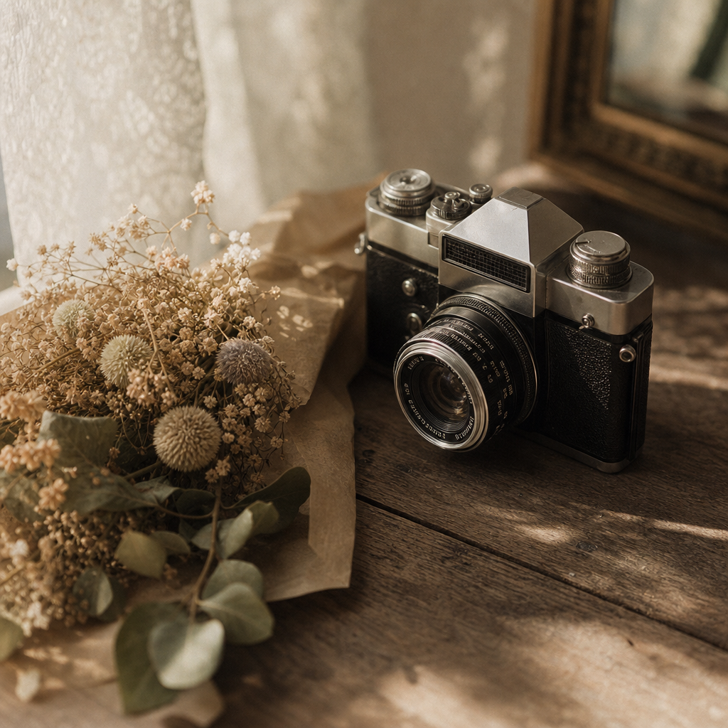 Warm toned analog film still life of a vintage camera and flowers on a wooden table