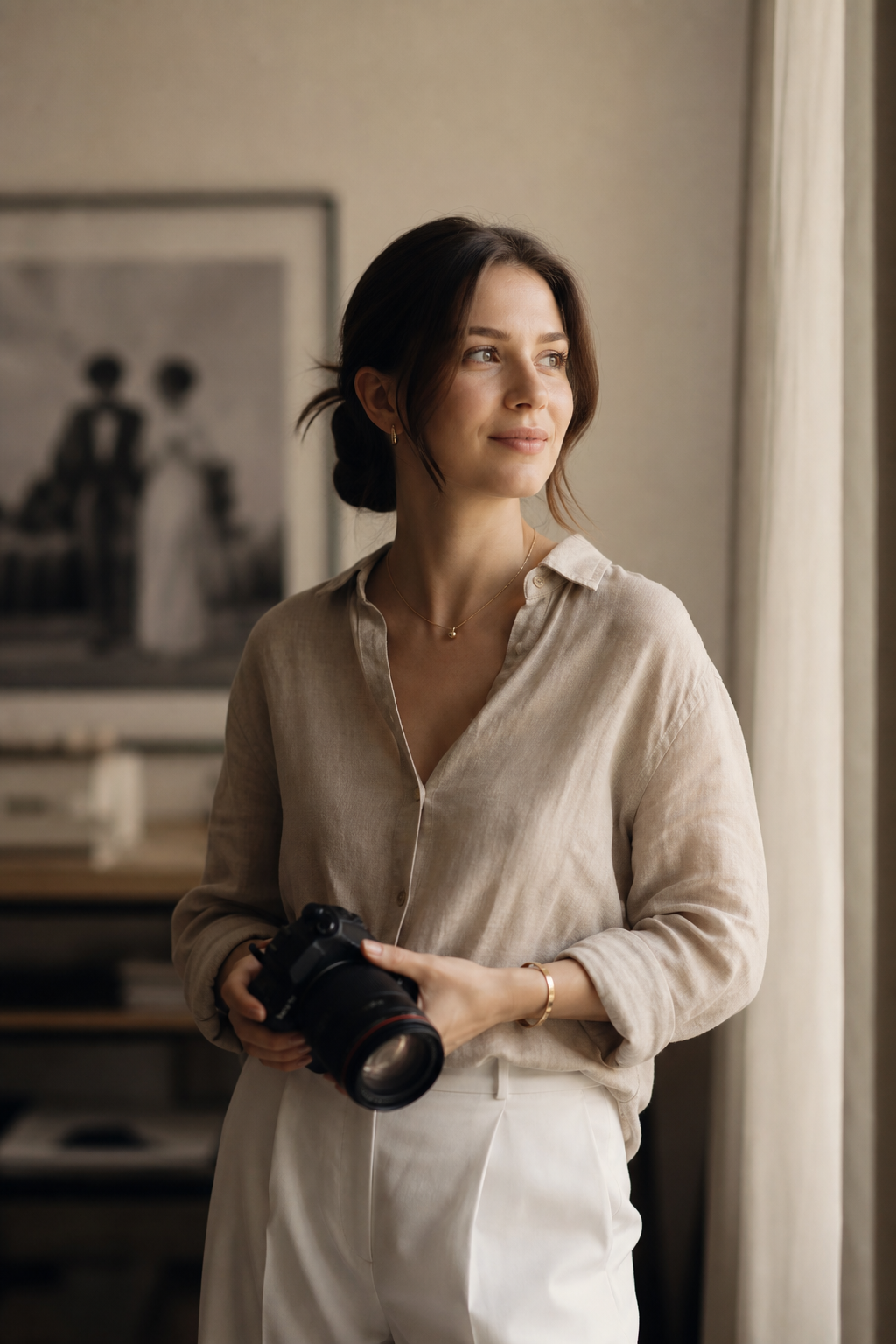 Portrait of Iryna Kovalenko, a photographer, standing outdoors in soft natural light