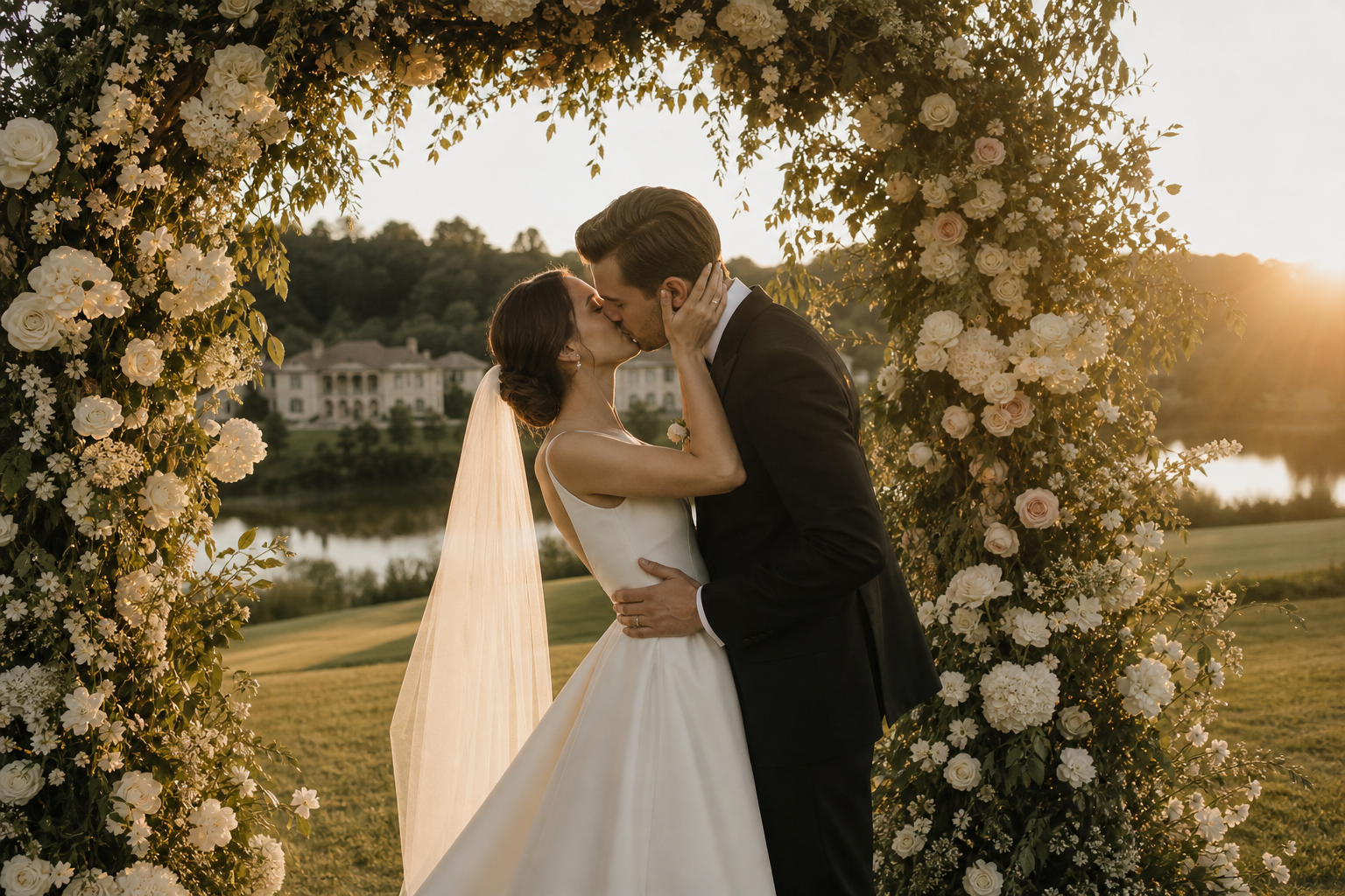 Bride and groom kissing under a floral arch at golden hour