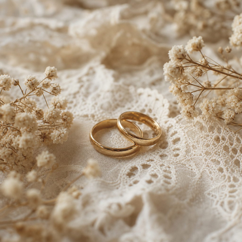 Close up of wedding rings on vintage lace with dried flowers