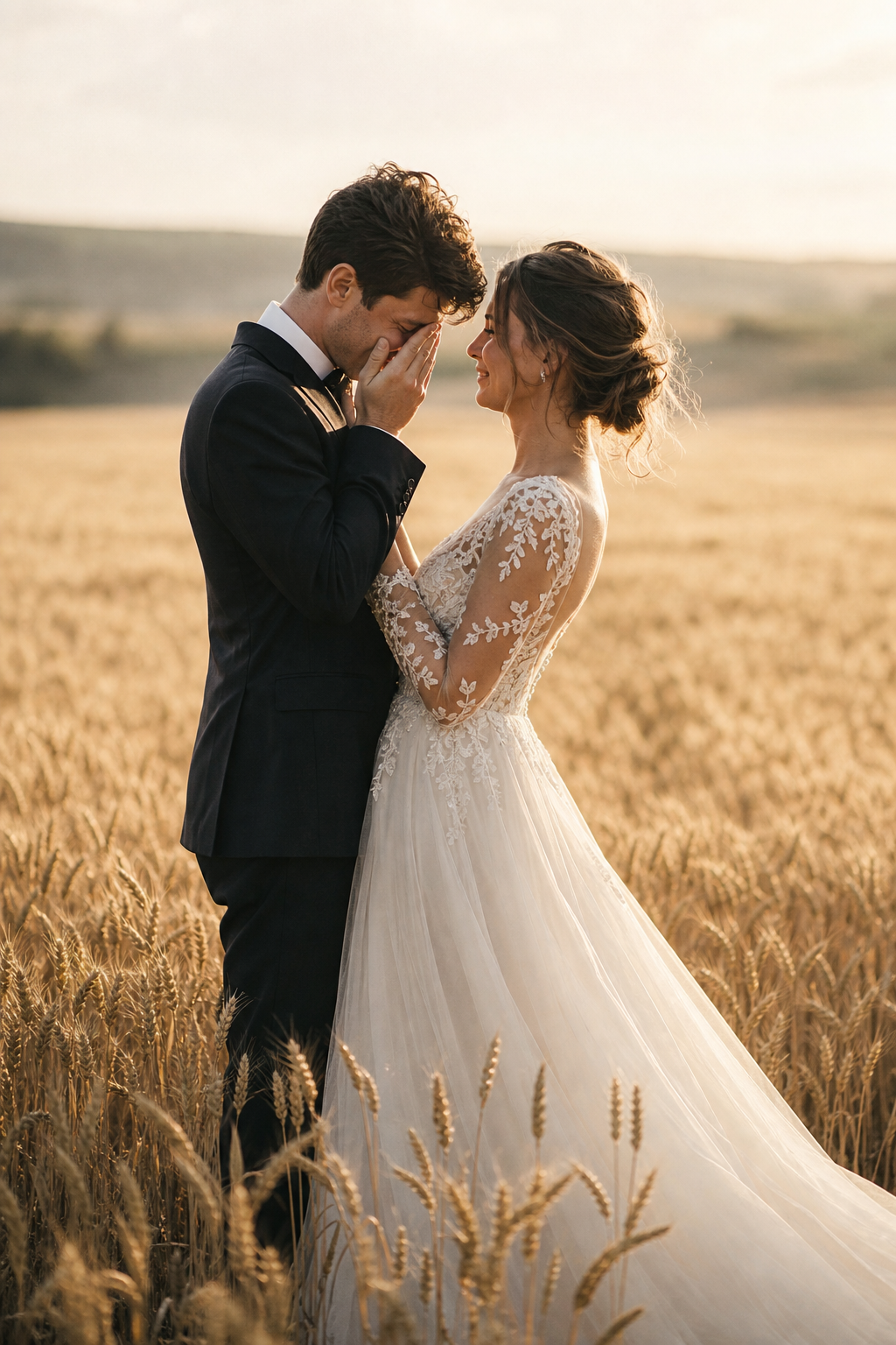 Bride and groom sharing an emotional first look in a sunlit golden field