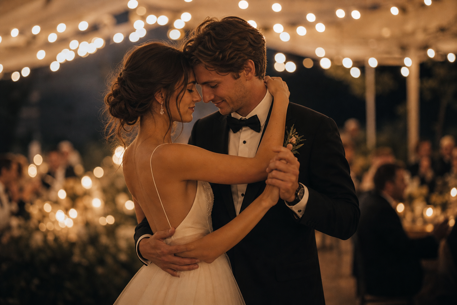 Newlyweds dancing under warm string lights at their evening wedding reception