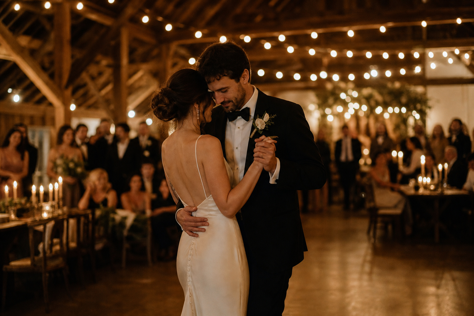 Couple's first dance in a barn reception under string lights